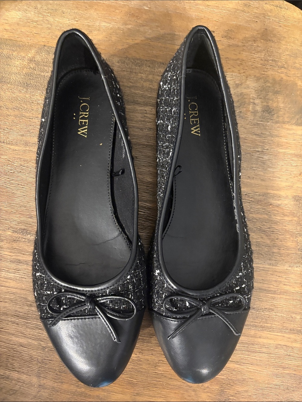 J. Crew Black Tweed and Leather Bow Ballet Flats